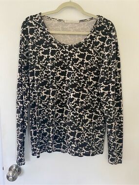 Peruvian Connection Pima Cotton Long Sleeve Top Black and Cream Pattern Large